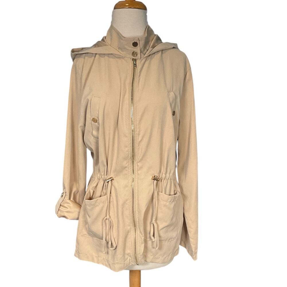 Sweet Wanderer Hooded Full Zip Jacket Roll Tab Sleeves Women Size XL Tan/Gold
